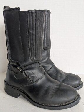 Men’s Black Leather Motorcycle Biker Boots Size 9 Mid Calf Riding Motorbike READ
